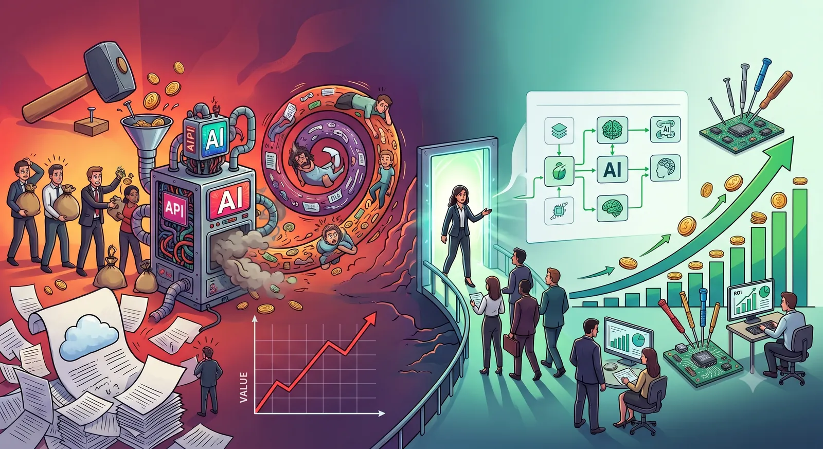 Split illustration: on the left, teams burn bags of money into an API/AI machine and get sucked into an endless development loop; on the right, an organized team designs a tiered AI architecture with on-device chips and a rising ROI chart — the difference between claiming to be AI-based and doing it economically.